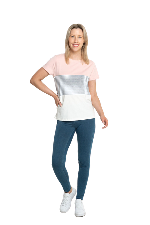 Curvy model facing camera wearing colour blocked, short sleeved tee. Colour block is black in top third, grey & white stripe in middle third, white in bottom third. Features rounded neckline. Jamie available in sizes 6-26