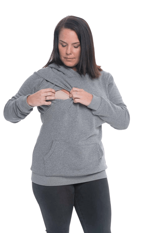 Model facing camera wearing grey hoodie with a front pocket. Andrea available in sizes 6-18