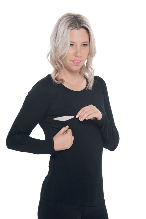 Curvy model facing camera wearing black, long sleeved tee, features rounded neckline. Cindy available in sizes 6-26