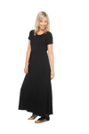 Petite model facing the side wearing black maxi dress, featuring  rounded neckline, and a gently fitted bodice, gathering above the waist. Riley available in sizes 6-26