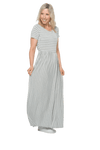 Petite model facing the side wearing light grey and white striped maxi dress, featuring rounded neckline, and a gently fitted bodice, gathering above the waist. Riley available in sizes 6-18