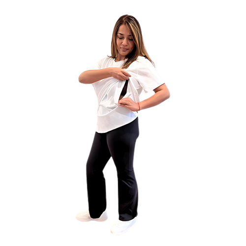 Mum Wearing Mama Clothing Breastfeeding White Relaxed Fit Cotton Tshirt Showing Lift Up Access Sizes 6 - 26
