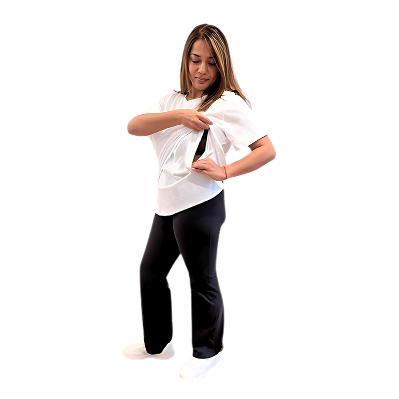 Mum Wearing Mama Clothing Breastfeeding White Relaxed Fit Cotton Tshirt Showing Lift Up Access Sizes 6 - 26