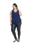Curvy model facing camera wearing navy blue tank top, featuring rounded neckline and side rouching. Adrien available in sizes 6-26