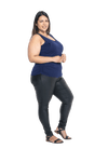 Curvy model facing side wearing navy blue tank top, featuring rounded neckline and side rouching. Adrien available in sizes 6-26