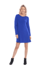 Petite model facing camera wearing royal blue A-line swing dress, featuring rounded neckline. Amber available in sizes 6-18