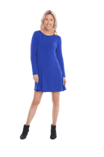 Petite model facing camera wearing royal blue A-line swing dress, featuring rounded neckline. Amber available in sizes 6-18