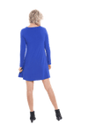 Petite model facing the back wearing royal blue A-line swing dress, featuring rounded neckline. Amber available in sizes 6-18