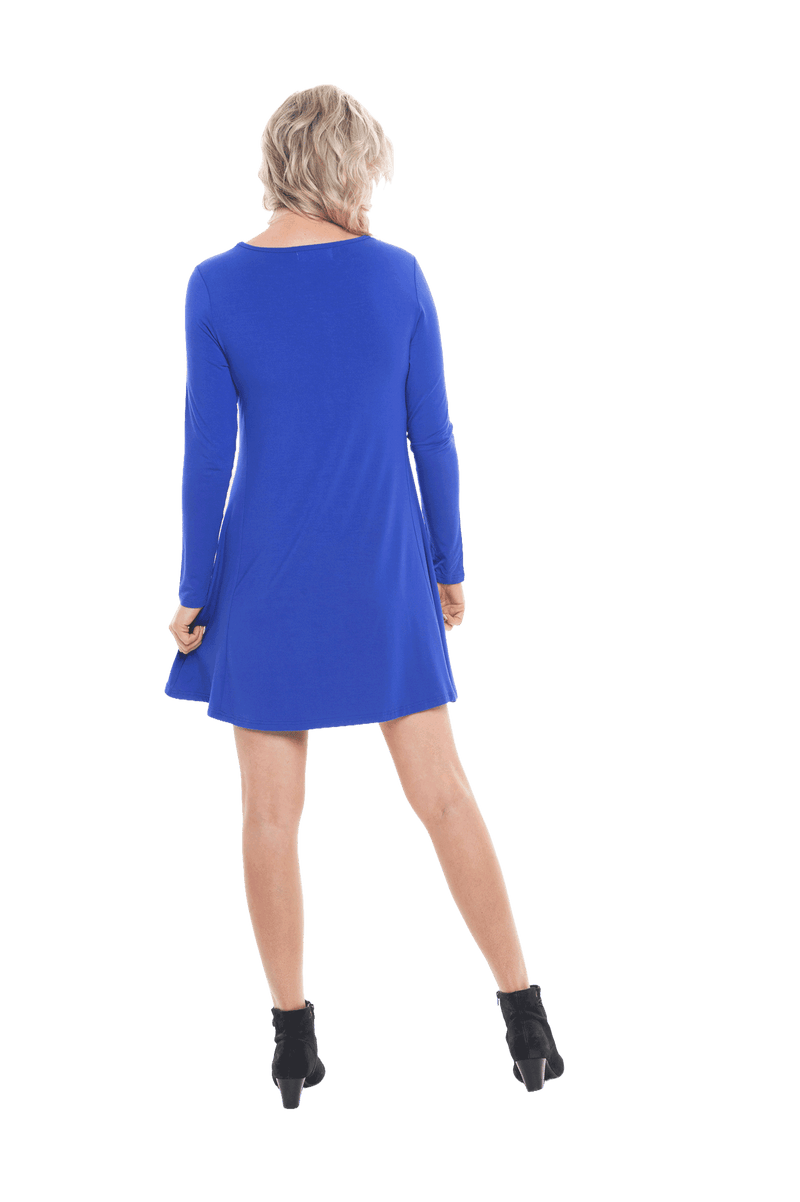 Petite model facing the back wearing royal blue A-line swing dress, featuring rounded neckline. Amber available in sizes 6-18