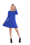 Petite model facing camera wearing royal blue A-line swing dress, featuring rounded neckline. Amber available in sizes 6-18