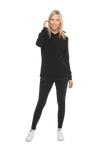 Petite model facing camera wearing black hoodie with a front pocket. Andrea available in sizes 6-18