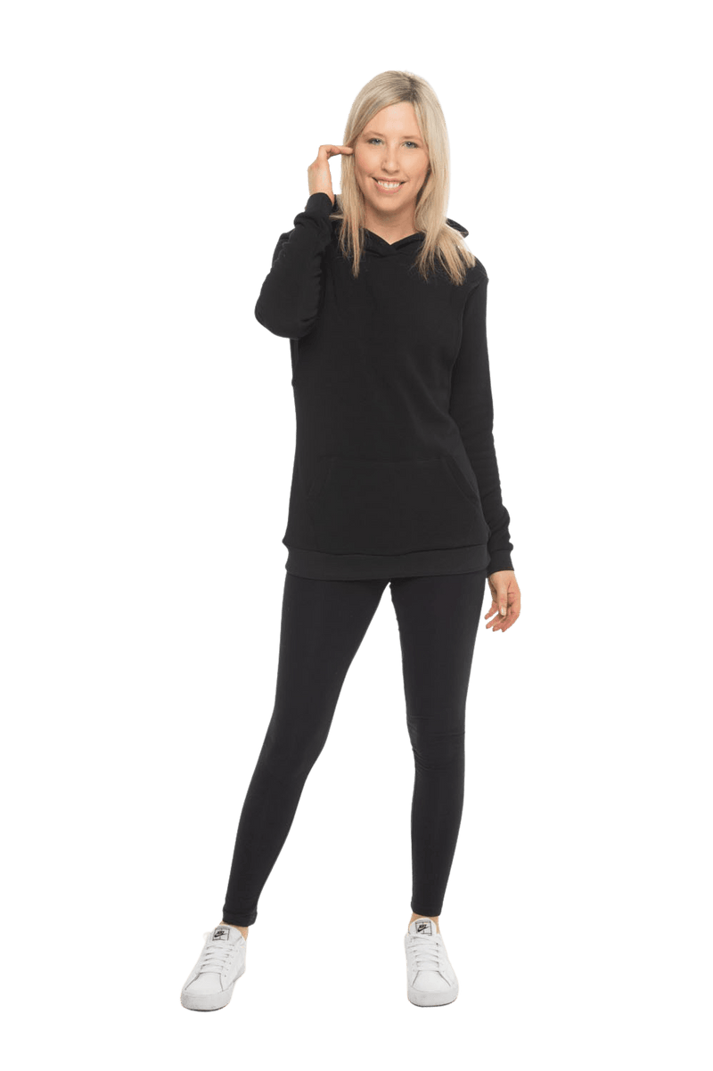 Petite model facing camera wearing black hoodie with a front pocket. Andrea available in sizes 6-18