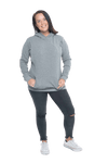 Model facing camera wearing grey hoodie with a front pocket. Andrea available in sizes 6-18