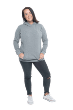 Model facing camera wearing grey hoodie with a front pocket. Andrea available in sizes 6-18