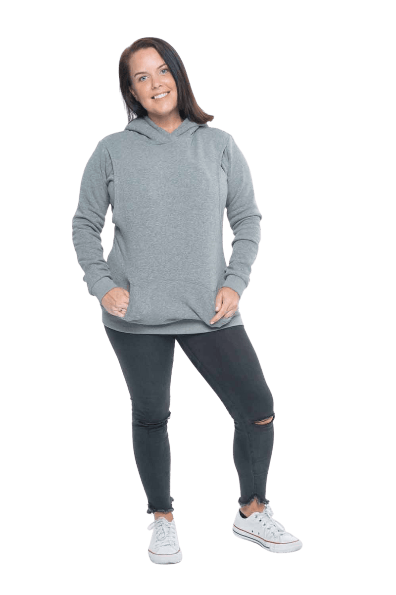 Model facing camera wearing grey hoodie with a front pocket. Andrea available in sizes 6-18