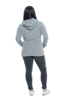 Model facing the back wearing grey hoodie with a front pocket. Andrea available in sizes 6-18