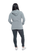 Model facing the back wearing grey hoodie with a front pocket. Andrea available in sizes 6-18