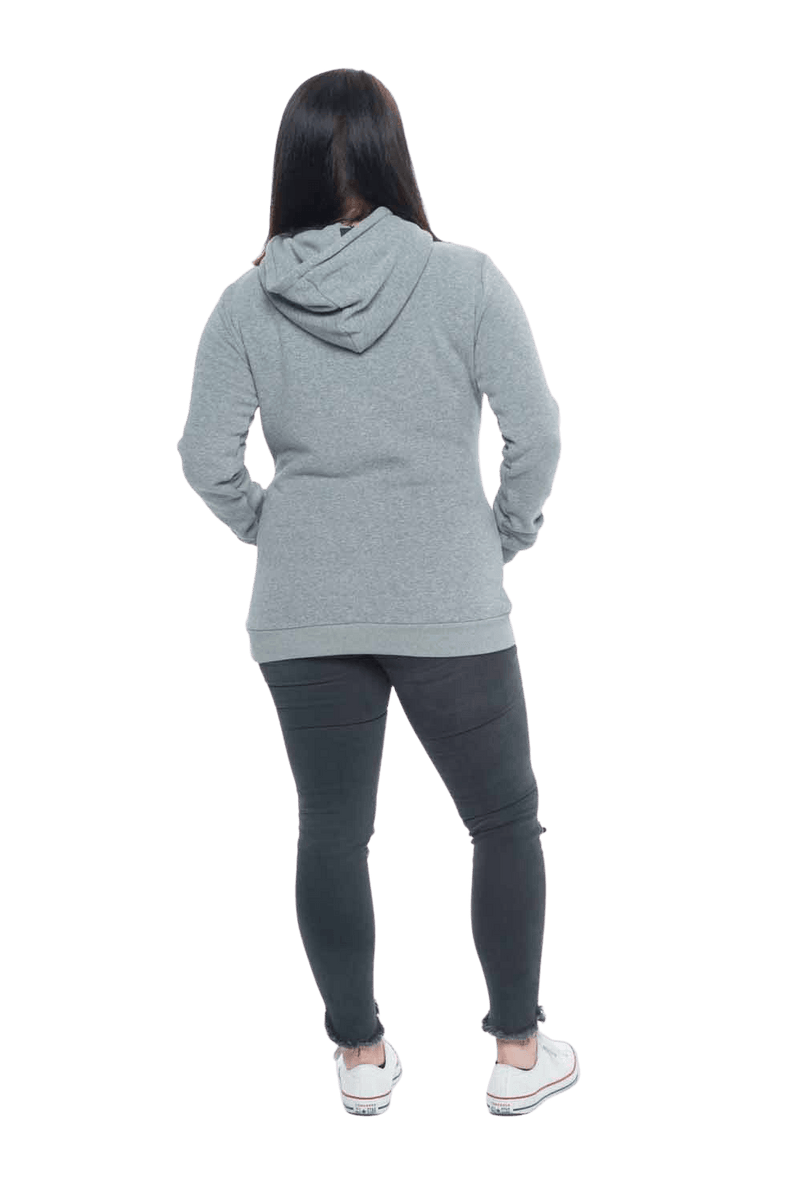 Model facing the back wearing grey hoodie with a front pocket. Andrea available in sizes 6-18