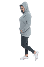 Model facing the side wearing grey hoodie with a front pocket. Andrea available in sizes 6-18