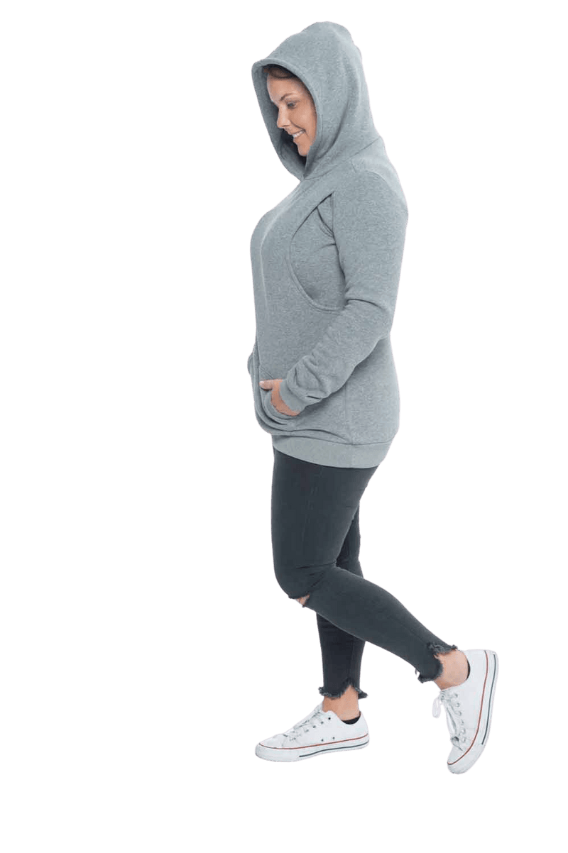 Model facing the side wearing grey hoodie with a front pocket. Andrea available in sizes 6-18