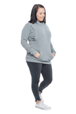 Model facing the side wearing grey hoodie with a front pocket. Andrea available in sizes 6-18