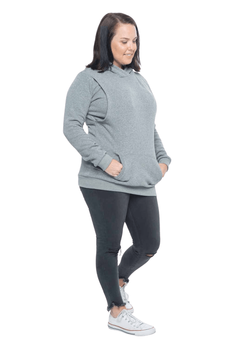 Model facing the side wearing grey hoodie with a front pocket. Andrea available in sizes 6-18