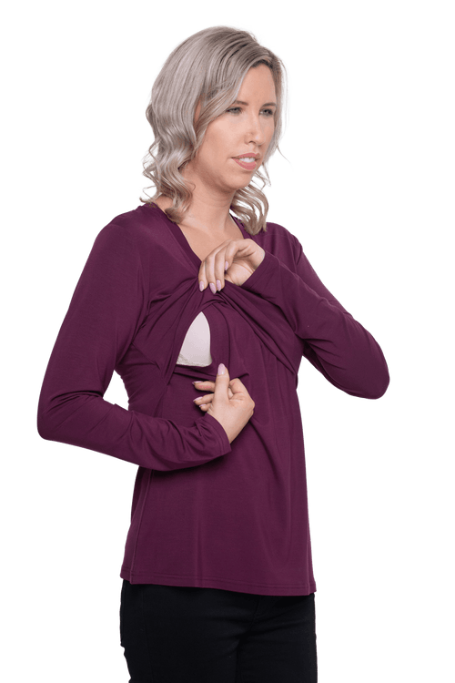 Model showing breastfeeding access, pull up front panel and slide over crossover underneath. Billie available in sizes 6-26