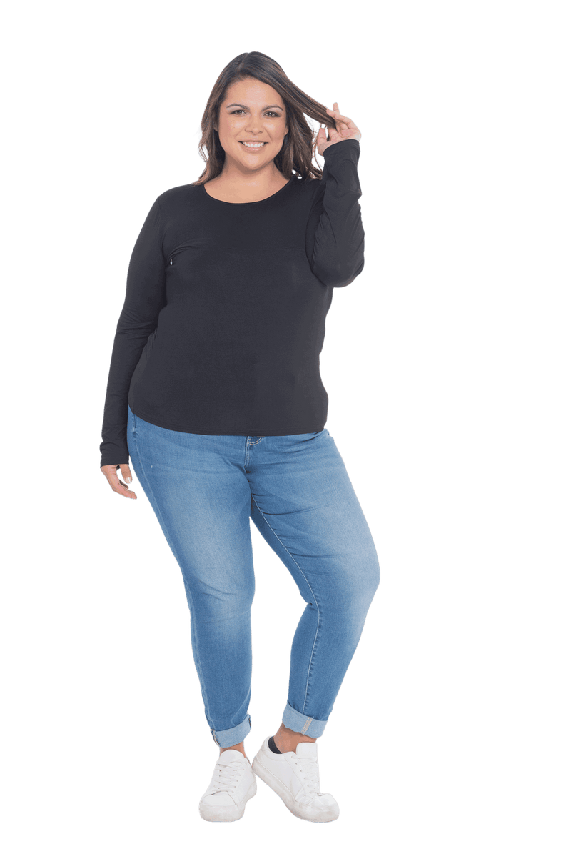 Curvy model facing camera wearing black, long sleeved tee, features rounded neckline. Cindy available in sizes 6-26