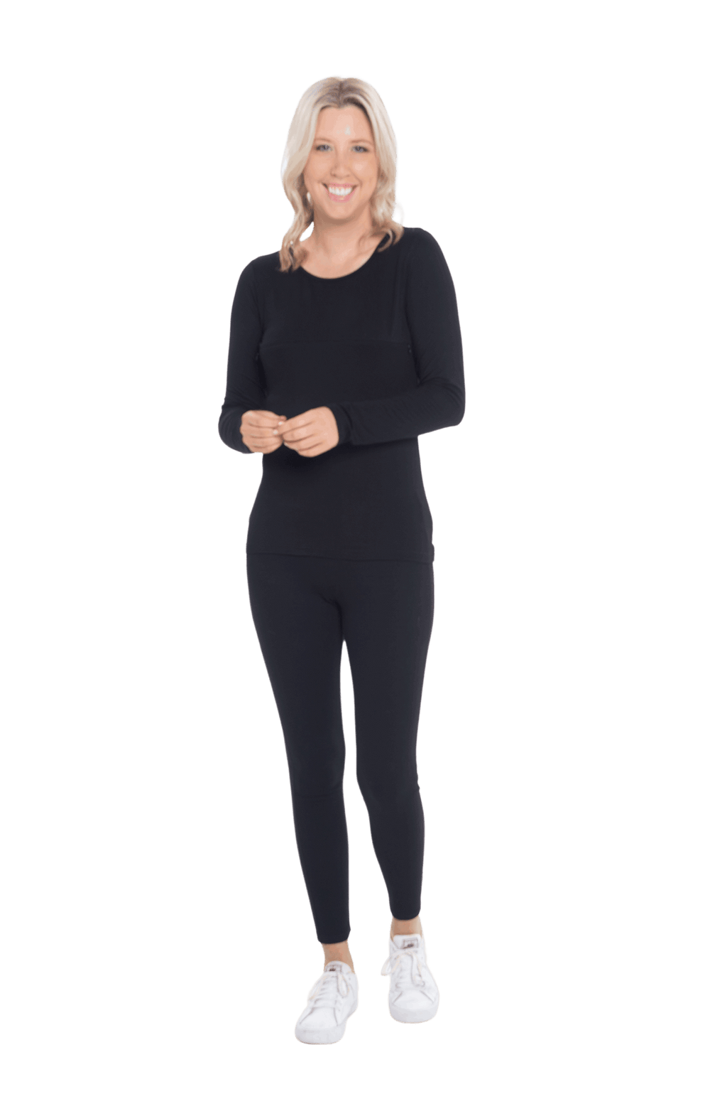 Petite model facing camera wearing black, long sleeved tee, features rounded neckline. Cindy available in sizes 6-26