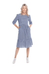 Model facing camera wearing blue gingham, mid-length sleeved midi dress, features rounded neckline, tiered skirt and pockets. Dorothy available in sizes 6-18
