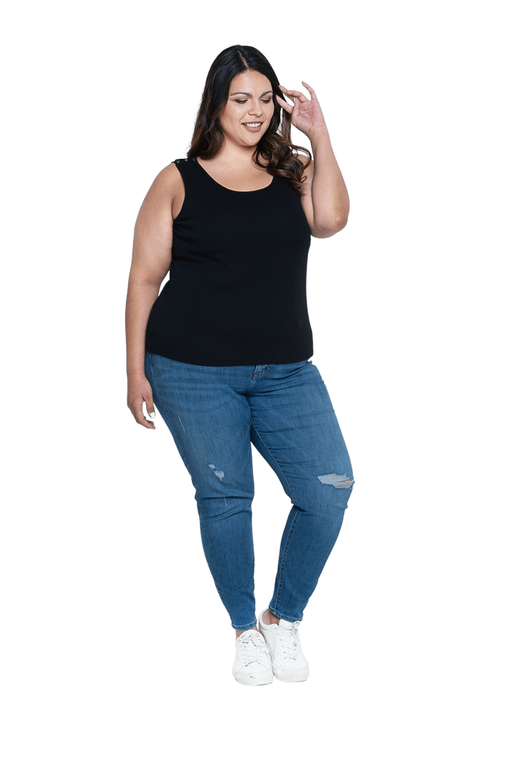 Curvy model facing camera wearing black, tank top, features rounded neckline. Drew available in sizes 6-26