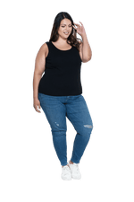 Curvy model facing camera wearing black, tank top, features rounded neckline. Drew available in sizes 6-26