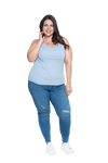 Curvy model facing camera wearing light blue tank top, features rounded neckline. Drew available in sizes 6-26