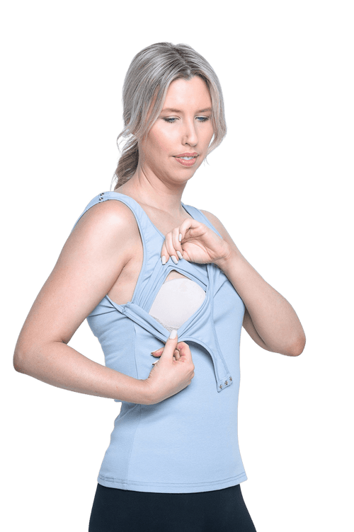 Model showing breastfeeding access, open press studs at the shoulder and lift internal panel. Drew available in sizes 6-26