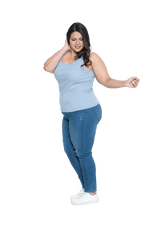 Curvy model facing the side wearing light blue tank top, features rounded neckline. Drew available in sizes 6-26