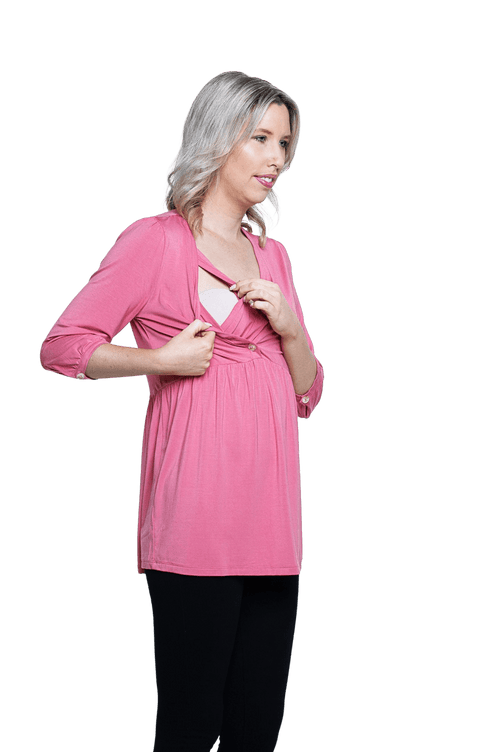 Model showing breastfeeding access, unbutton and pull across internal panel. Dylan available in sizes 6-26