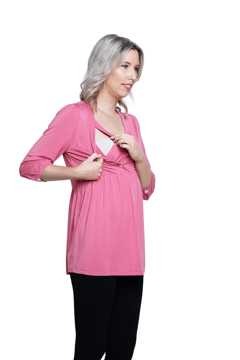 Model showing breastfeeding access, unbutton and pull across internal panel. Dylan available in sizes 6-26