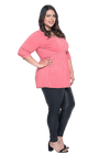 Curvy model facing the side wearing pink, mid-length sleeved top. Features button up v-neckline and peplum tier under bust. Dylan available in sizes 6-26