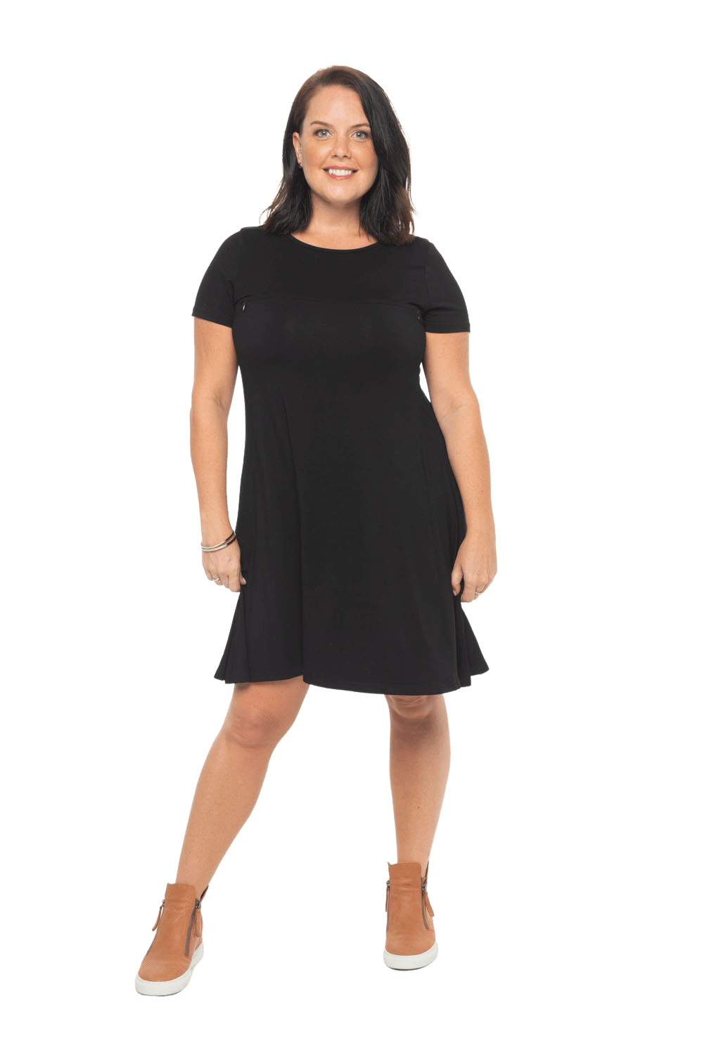 Model facing camera wearing black, short sleeved, knee length, A-line dress. Features rounded neckline. Emma available in sizes 6-18