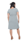 Model facing the back wearing grey, short sleeved, knee length, A-line dress. Features rounded neckline. Emma available in sizes 6-18