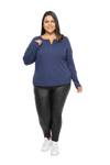 Curvy model facing camera wearing navy blue, long sleeved henley top, slightly unbuttoned. Features button front and dropped shoulder. Hunter available in sizes 6-26