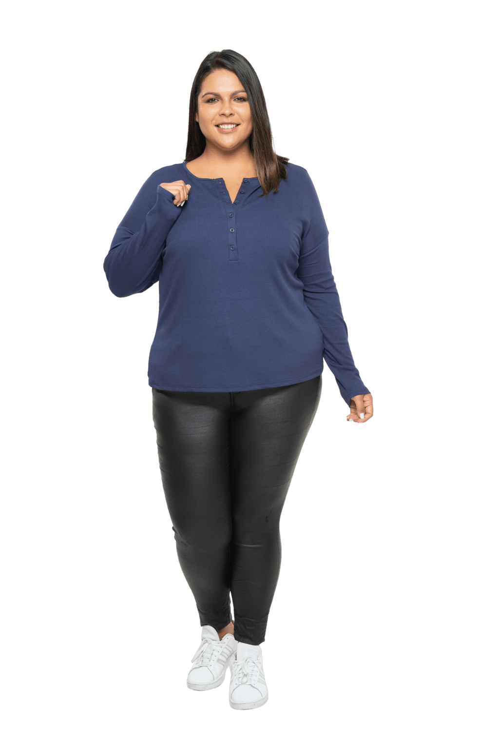 Curvy model facing camera wearing navy blue, long sleeved henley top, slightly unbuttoned. Features button front and dropped shoulder. Hunter available in sizes 6-26