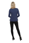 Petite model facing the back wearing navy blue, long sleeved henley top. Features button front and dropped shoulder. Hunter available in sizes 6-26