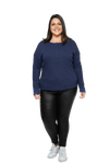 Curvy model facing camera wearing navy blue, long sleeved henley top. Features button front and dropped shoulder. Hunter available in sizes 6-26