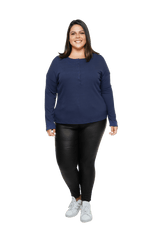 Curvy model facing camera wearing navy blue, long sleeved henley top. Features button front and dropped shoulder. Hunter available in sizes 6-26