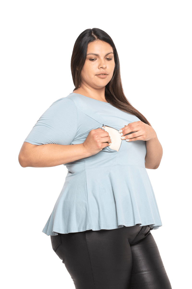 Model showing breastfeeding access, invisible vertical zips running from under bust to below collar bone. Isla available in sizes 6-26