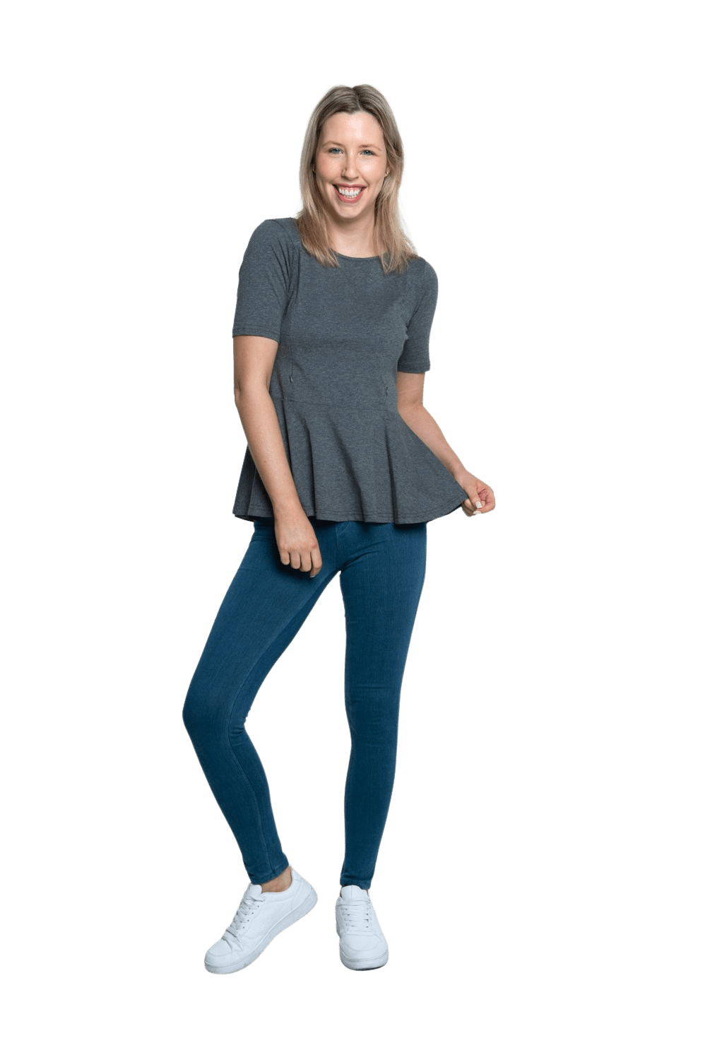 Petite model facing camera wearing charcoal grey short sleeved top. Featuring rounded neckline and peplum tier under bust. Isla available in sizes 6-26