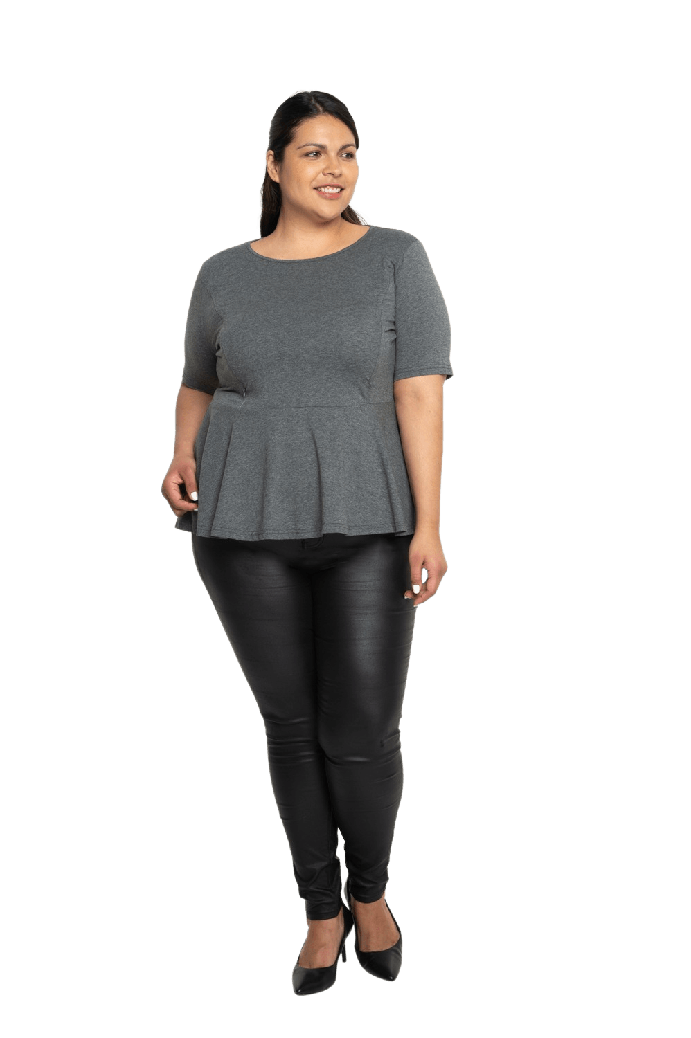 Curvy model facing camera wearing charcoal grey short sleeved top. Featuring rounded neckline and peplum tier under bust. Isla available in sizes 6-26