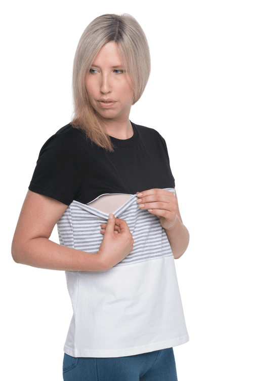 Model showing breastfeeding access, invisible, double sided horizontal zips running across the bust. Jamie available in sizes 6-26