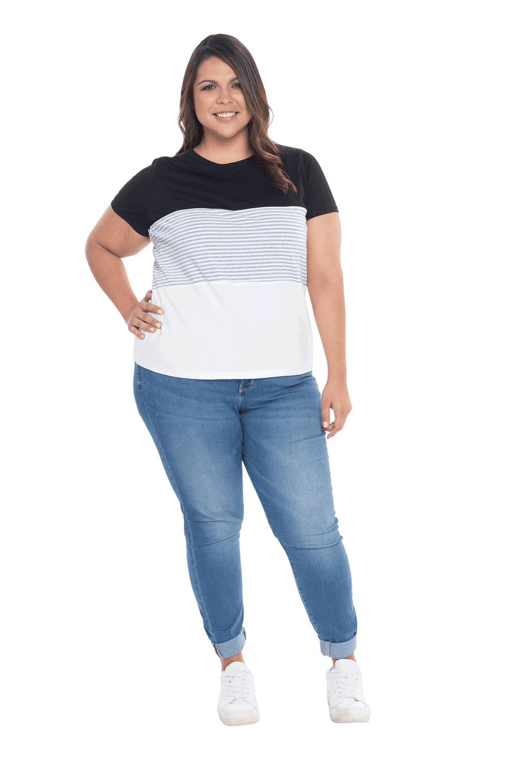Curvy model facing camera wearing colour blocked, short sleeved tee. Colour block is black in top third, grey & white stripe in middle third, white in bottom third. Features rounded neckline. Jamie available in sizes 6-26